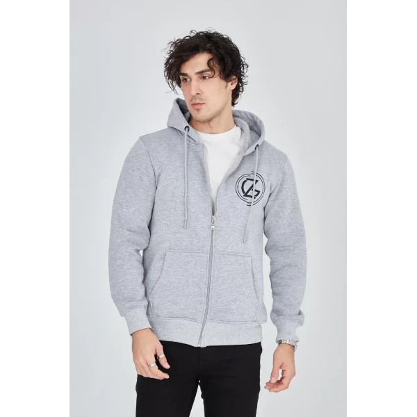 Erkek Kapüşonlu Baskılı Fermuarlı Hırka - Gri