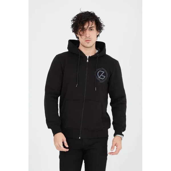 Erkek Kapüşonlu Baskılı Fermuarlı Hırka - Siyah