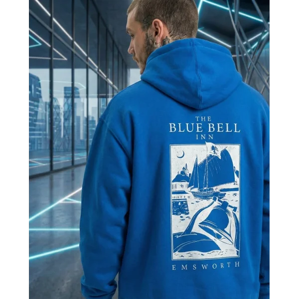Erkek Kapüşonlu Double Oversize Hoodie – Üç İplik Pamuklu, Deniz ve Yelken Baskılı, Kanguru Cepli Premium Sweatshirt - Saks Mavi
