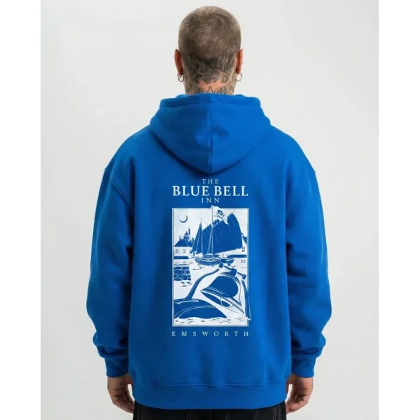 Erkek Kapüşonlu Double Oversize Hoodie – Üç İplik Pamuklu, Deniz Ve Yelken Baskılı, Kanguru Cepli Premium Sweatshirt - Saks Mavi