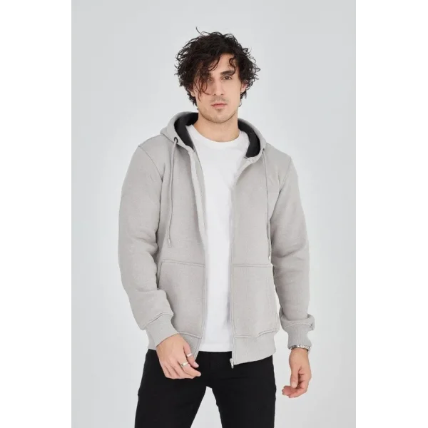 Erkek Kapüşonlu Düz Fermuarlı Hırka - Boyalı Gri