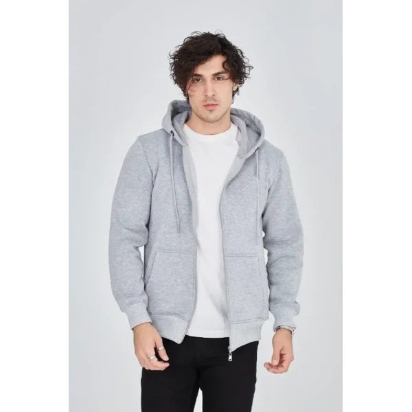Erkek Kapüşonlu Düz Fermuarlı Hırka - Gri