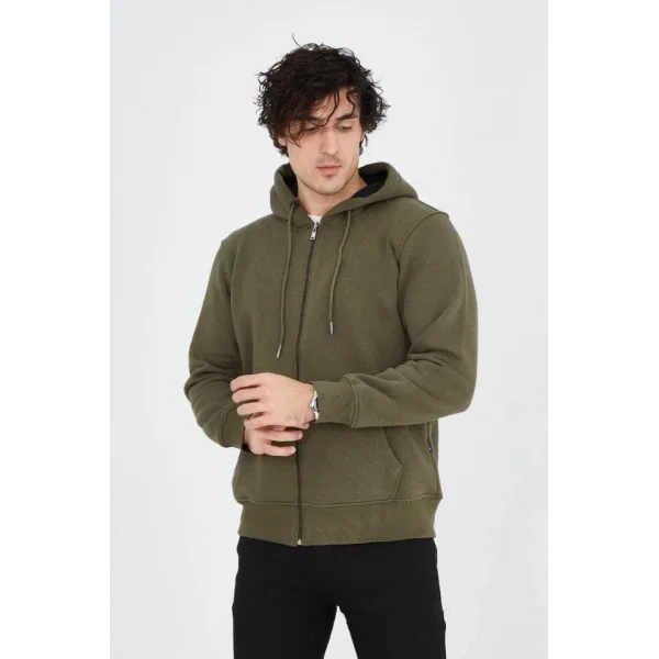 Erkek Kapüşonlu Düz Fermuarlı Hırka - Yeşil