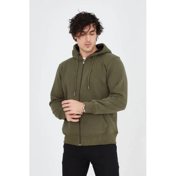 Erkek Kapüşonlu Düz Fermuarlı Hırka - Yeşil