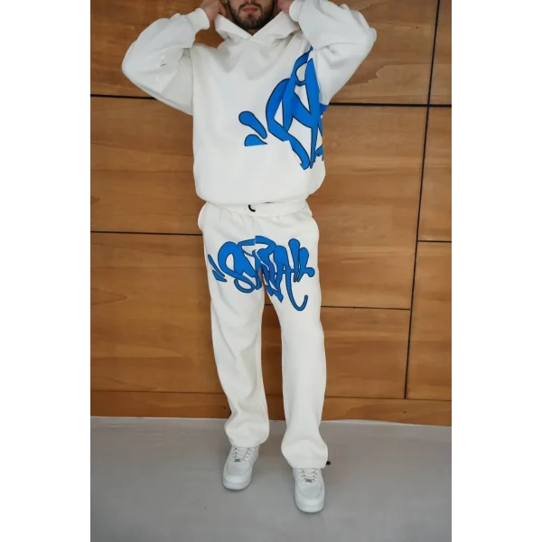 Erkek Kapüşonlu Eşofman Takım Graffiti Baskılı  Oversize Rahat Kalıp, Kanguru Cepli, Streetwear Tarzında Premium Ürün 3 iplik Pamuklu - Beyaz