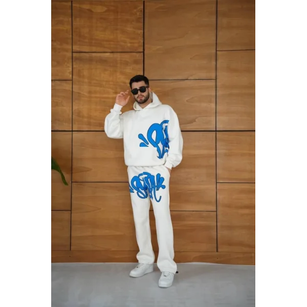 Erkek Kapüşonlu Eşofman Takım Graffiti Baskılı  Oversize Rahat Kalıp, Kanguru Cepli, Streetwear Tarzında Premium Ürün 3 Iplik Pamuklu - Beyaz
