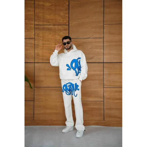 Erkek Kapüşonlu Eşofman Takım Graffiti Baskılı  Oversize Rahat Kalıp, Kanguru Cepli, Streetwear Tarzında Premium Ürün 3 iplik Pamuklu - Beyaz