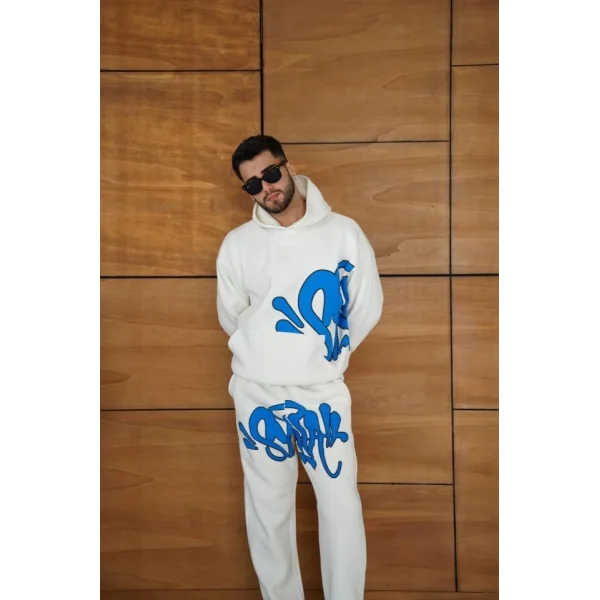 Erkek Kapüşonlu Eşofman Takım Graffiti Baskılı  Oversize Rahat Kalıp, Kanguru Cepli, Streetwear Tarzında Premium Ürün 3 Iplik Pamuklu - Beyaz
