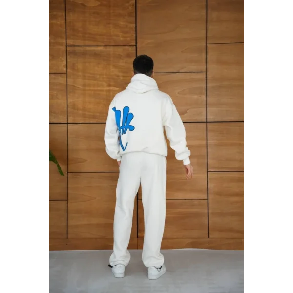 Erkek Kapüşonlu Eşofman Takım Graffiti Baskılı  Oversize Rahat Kalıp, Kanguru Cepli, Streetwear Tarzında Premium Ürün 3 Iplik Pamuklu - Beyaz