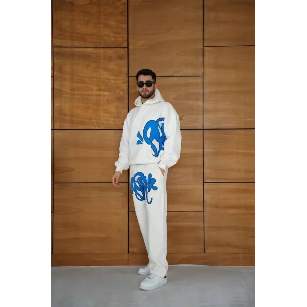 Erkek Kapüşonlu Eşofman Takım Graffiti Baskılı  Oversize Rahat Kalıp, Kanguru Cepli, Streetwear Tarzında Premium Ürün 3 iplik Pamuklu - Beyaz