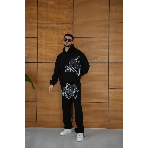 Erkek Kapüşonlu Eşofman Takım Graffiti Baskılı Oversize Rahat Kalıp, Kanguru Cepli, Streetwear Tarzında Premium Ürün 3 Iplik Pamuklu - Siyah