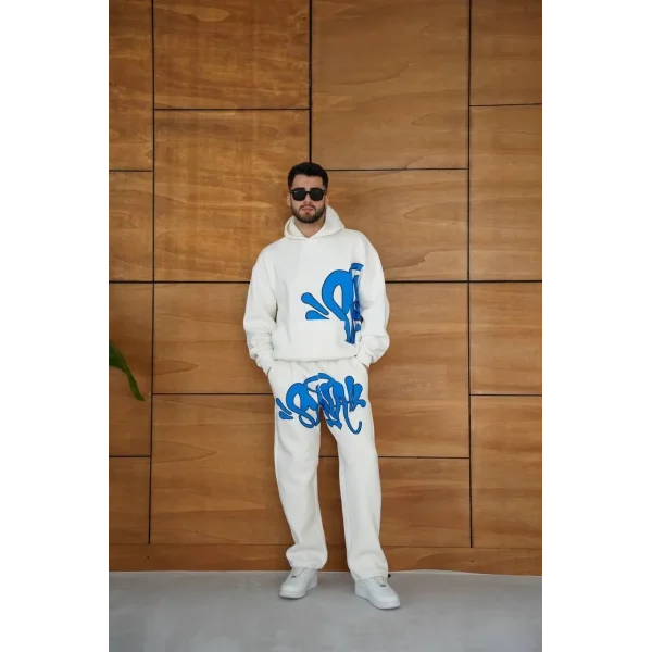 Erkek Kapüşonlu Eşofman Takım Graffiti Baskılı  Oversize Rahat Kalıp, Kanguru Cepli, Streetwear Tarzında Premium Ürün 3 iplik Pamuklu - Beyaz
