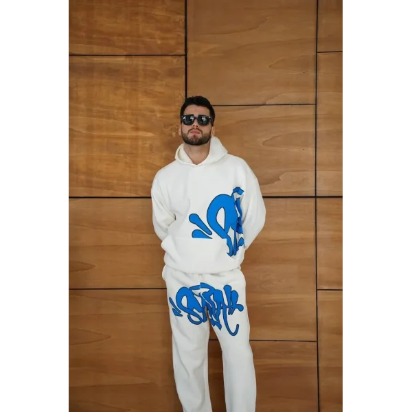 Erkek Kapüşonlu Eşofman Takım Graffiti Baskılı  Oversize Rahat Kalıp, Kanguru Cepli, Streetwear Tarzında Premium Ürün 3 iplik Pamuklu - Beyaz