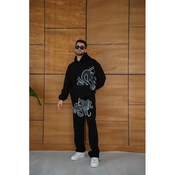 Erkek Kapüşonlu Eşofman Takım Graffiti Baskılı Oversize Rahat Kalıp, Kanguru Cepli, Streetwear Tarzında Premium Ürün 3 iplik Pamuklu - Siyah