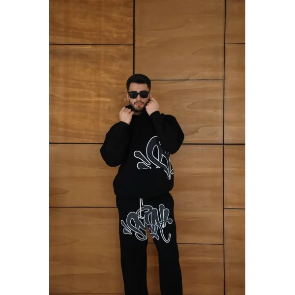 Erkek Kapüşonlu Eşofman Takım Graffiti Baskılı Oversize Rahat Kalıp, Kanguru Cepli, Streetwear Tarzında Premium Ürün 3 iplik Pamuklu - Siyah