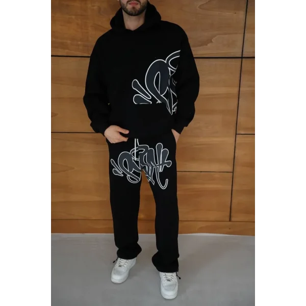 Erkek Kapüşonlu Eşofman Takım Graffiti Baskılı Oversize Rahat Kalıp, Kanguru Cepli, Streetwear Tarzında Premium Ürün 3 iplik Pamuklu - Siyah