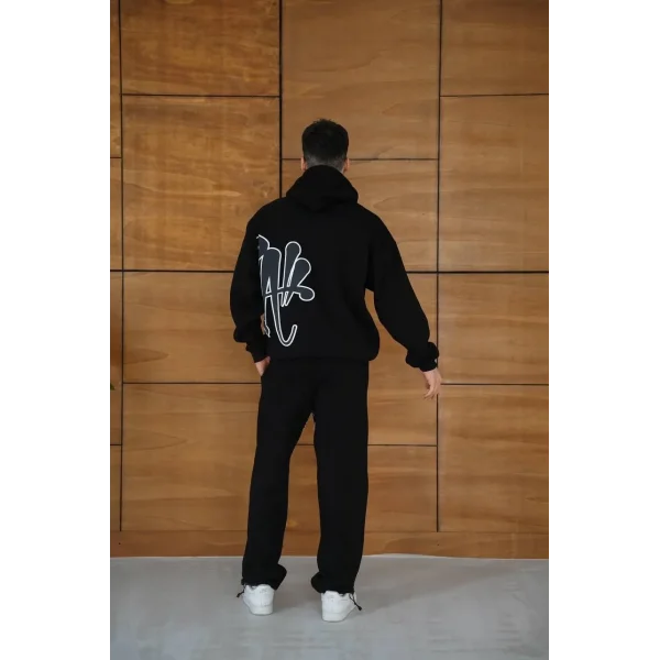 Erkek Kapüşonlu Eşofman Takım Graffiti Baskılı Oversize Rahat Kalıp, Kanguru Cepli, Streetwear Tarzında Premium Ürün 3 iplik Pamuklu - Siyah