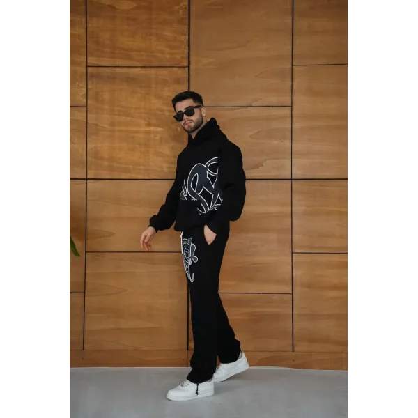 Erkek Kapüşonlu Eşofman Takım Graffiti Baskılı Oversize Rahat Kalıp, Kanguru Cepli, Streetwear Tarzında Premium Ürün 3 iplik Pamuklu - Siyah