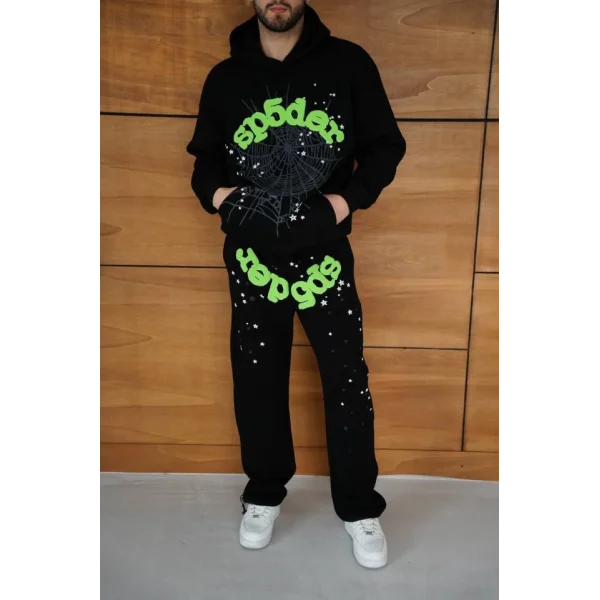 Erkek Kapüşonlu Eşofman Takım Örümcek Ağı Ve Neon Yeşil Baskılı Kanguru Cepli Oversize Rahat Kalıp, Premium Üç İplik Kumaş - Siyah