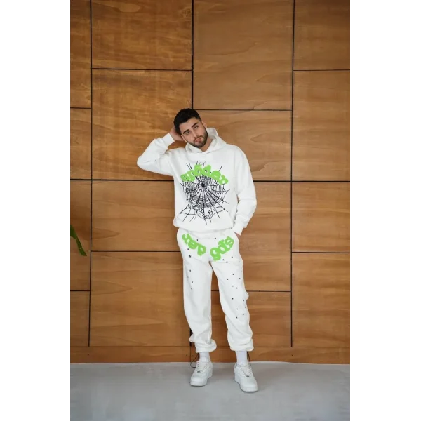 Erkek Kapüşonlu Eşofman Takım Örümcek Ağı ve Neon Yeşil Baskılı Kanguru cepli Oversize Rahat Kalıp, Premium Üç İplik Kumaş - Beyaz