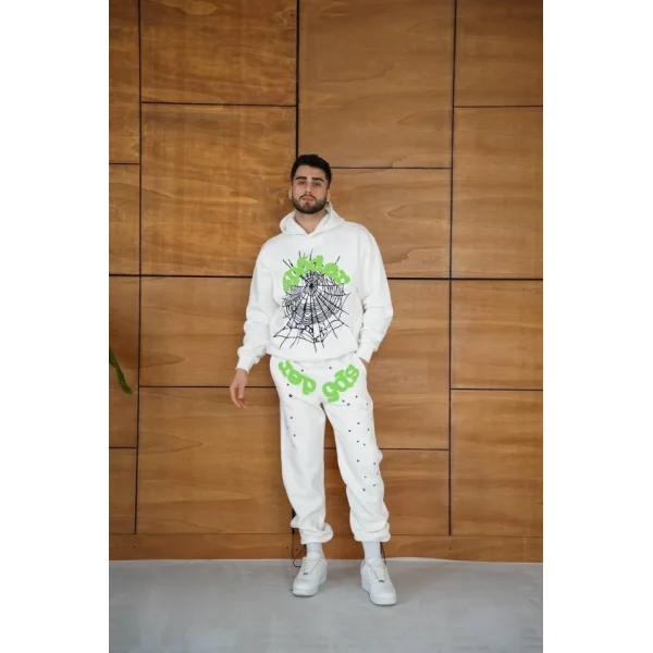 Erkek Kapüşonlu Eşofman Takım Örümcek Ağı Ve Neon Yeşil Baskılı Kanguru Cepli Oversize Rahat Kalıp, Premium Üç İplik Kumaş - Beyaz