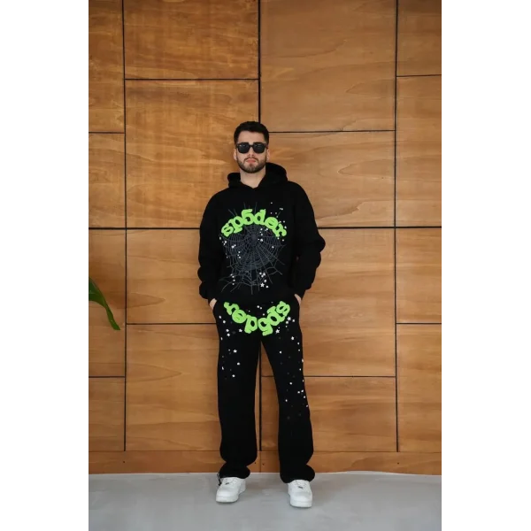 Erkek Kapüşonlu Eşofman Takım Örümcek Ağı ve Neon Yeşil Baskılı Kanguru cepli Oversize Rahat Kalıp, Premium Üç İplik Kumaş - Siyah