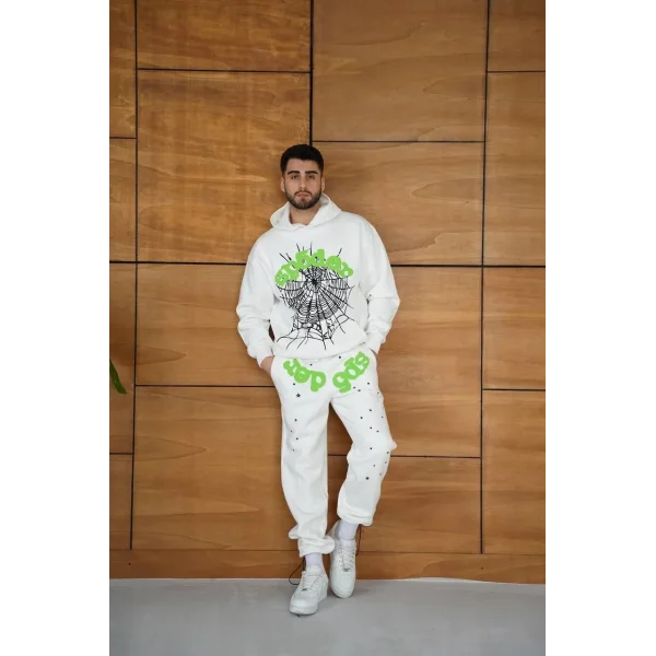 Erkek Kapüşonlu Eşofman Takım Örümcek Ağı ve Neon Yeşil Baskılı Kanguru cepli Oversize Rahat Kalıp, Premium Üç İplik Kumaş - Beyaz