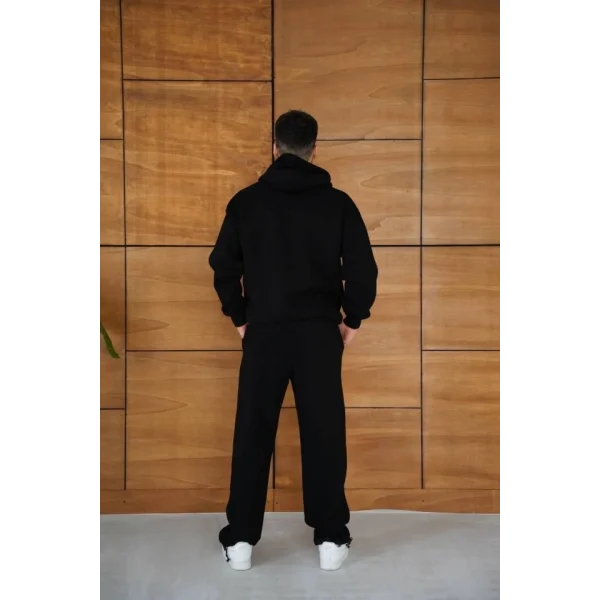 Erkek Kapüşonlu Eşofman Takım Örümcek Ağı Ve Neon Yeşil Baskılı Kanguru Cepli Oversize Rahat Kalıp, Premium Üç İplik Kumaş - Siyah