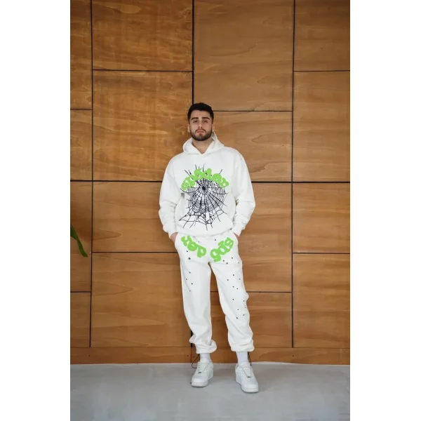 Erkek Kapüşonlu Eşofman Takım Örümcek Ağı ve Neon Yeşil Baskılı Kanguru cepli Oversize Rahat Kalıp, Premium Üç İplik Kumaş - Beyaz