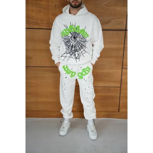 Erkek Kapüşonlu Eşofman Takım Örümcek Ağı ve Neon Yeşil Baskılı Kanguru cepli Oversize Rahat Kalıp, Premium Üç İplik Kumaş - Beyaz