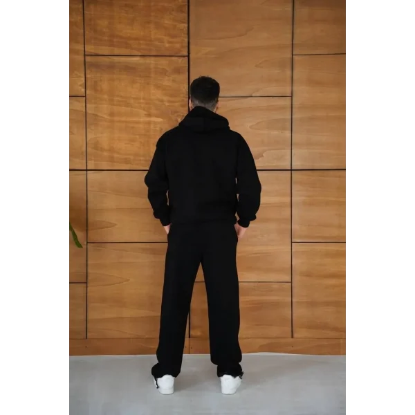 Erkek Kapüşonlu Eşofman Takım Örümcek Ağı ve Neon Yeşil Baskılı Kanguru cepli Oversize Rahat Kalıp, Premium Üç İplik Kumaş - Siyah