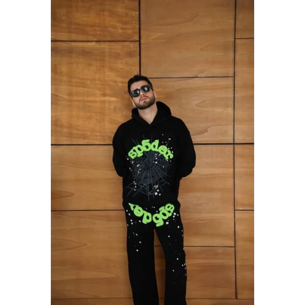 Erkek Kapüşonlu Eşofman Takım Örümcek Ağı Ve Neon Yeşil Baskılı Kanguru Cepli Oversize Rahat Kalıp, Premium Üç İplik Kumaş - Siyah