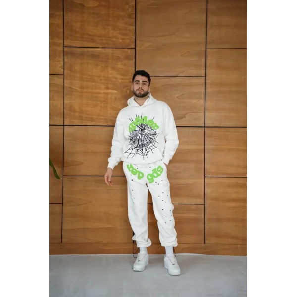 Erkek Kapüşonlu Eşofman Takım Örümcek Ağı ve Neon Yeşil Baskılı Kanguru cepli Oversize Rahat Kalıp, Premium Üç İplik Kumaş - Beyaz