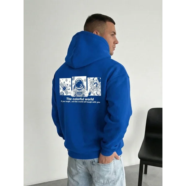 Erkek Kapüşonlu Oversize Hoodie – Üç İplik Pamuklu, Astronot Temalı Renkli Dünya Baskılı, Kanguru Cepli Premium Sweatshirt - Saks Mavi