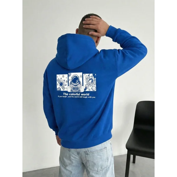 Erkek Kapüşonlu Oversize Hoodie – Üç İplik Pamuklu, Astronot Temalı Renkli Dünya Baskılı, Kanguru Cepli Premium Sweatshirt - Saks Mavi