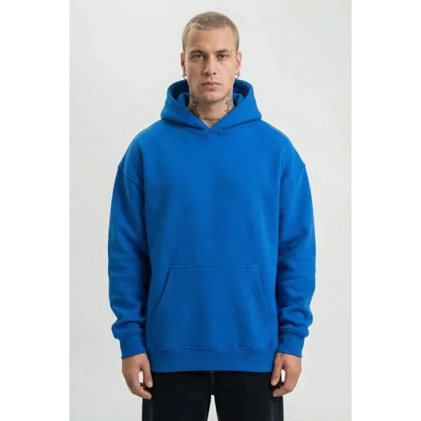 Erkek Kapüşonlu Oversize Hoodie – Üç İplik Pamuklu, Astronot Temalı Renkli Dünya Baskılı, Kanguru Cepli Premium Sweatshirt - Saks Mavi