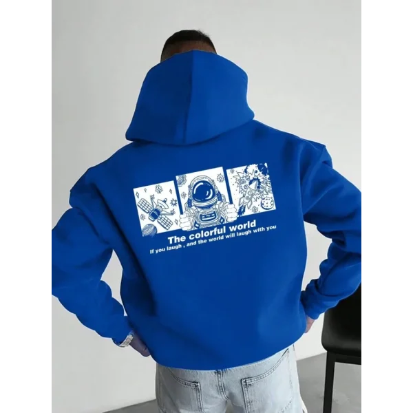 Erkek Kapüşonlu Oversize Hoodie – Üç İplik Pamuklu, Astronot Temalı Renkli Dünya Baskılı, Kanguru Cepli Premium Sweatshirt - Saks Mavi