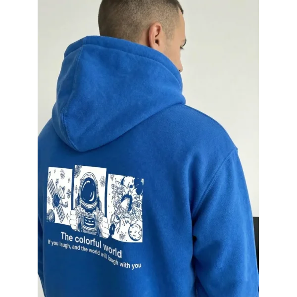 Erkek Kapüşonlu Oversize Hoodie – Üç İplik Pamuklu, Astronot Temalı Renkli Dünya Baskılı, Kanguru Cepli Premium Sweatshirt - Saks Mavi