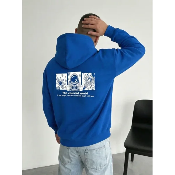 Erkek Kapüşonlu Oversize Hoodie – Üç İplik Pamuklu, Astronot Temalı Renkli Dünya Baskılı, Kanguru Cepli Premium Sweatshirt - Saks Mavi