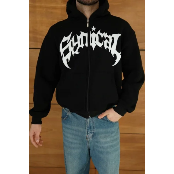 Erkek Kapüşonlu Sweatshirt  Hoodie 3 İplik Şardonlu Pamuklu Kumaş, Önü Baskılı, Fermuarlı Rahat Kalıp, Kışlık Ve Sokak Stili Sweat - Siyah