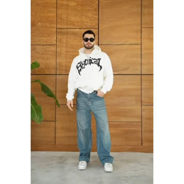 Erkek Kapüşonlu Sweatshirt Hoodie 3 İplik Şardonlu Pamuklu Kumaş, Önü Baskılı, Fermuarlı Rahat Kalıp, Kışlık Ve Sokak Stili Sweat - Beyaz