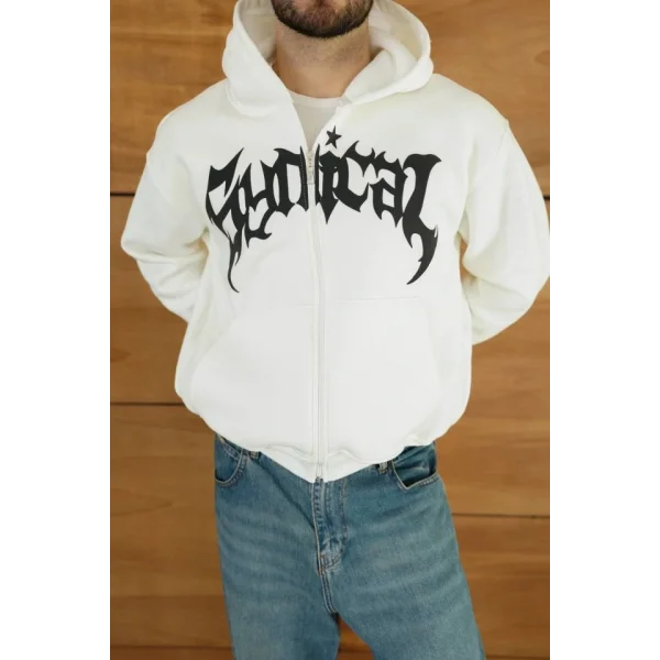 Erkek Kapüşonlu Sweatshirt Hoodie 3 İplik Şardonlu Pamuklu Kumaş, Önü Baskılı, Fermuarlı Rahat Kalıp, Kışlık Ve Sokak Stili Sweat - Beyaz