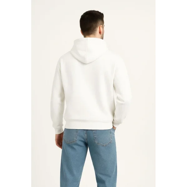 Erkek Kapüşonlu Sweatshirt Hoodie 3 İplik Şardonlu Pamuklu Kumaş, Önü Baskılı, Fermuarlı Rahat Kalıp, Kışlık Ve Sokak Stili Sweat - Beyaz