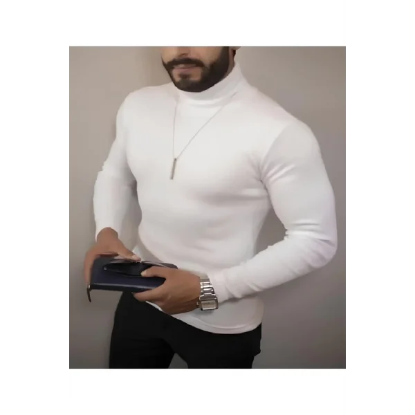 Erkek Kaşkorse Boğazlı Full Likralı Fitilli Body Kazak - Beyaz