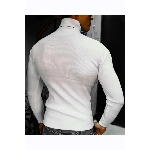 Erkek Kaşkorse Boğazlı Full Likralı Fitilli Body Kazak - Beyaz