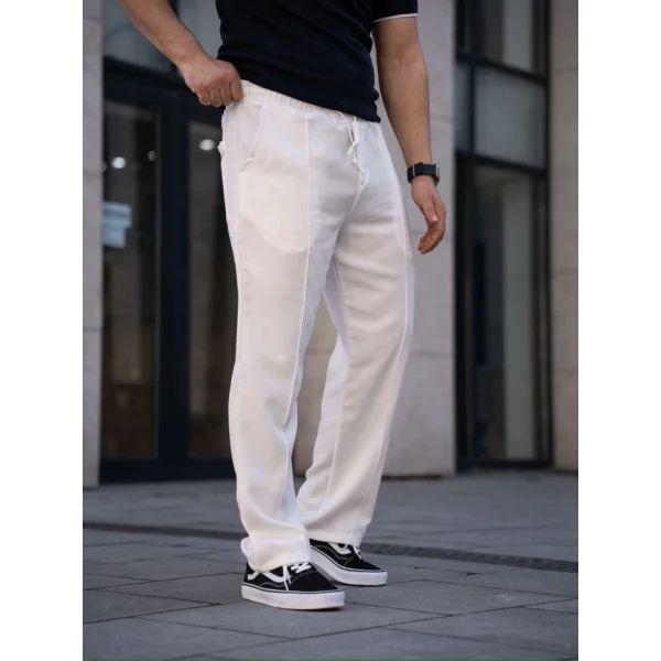 Erkek Keten Cepli Çıma Dikişli Jogger Buggy Pantalon Rahat Kalıp - Beyaz