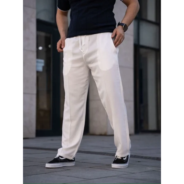 Erkek Keten Cepli Çıma Dikişli Jogger Buggy Pantalon Rahat Kalıp - Beyaz