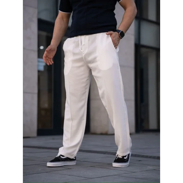 Erkek Keten Cepli Çıma Dikişli Jogger Buggy Pantalon Rahat Kalıp - Beyaz