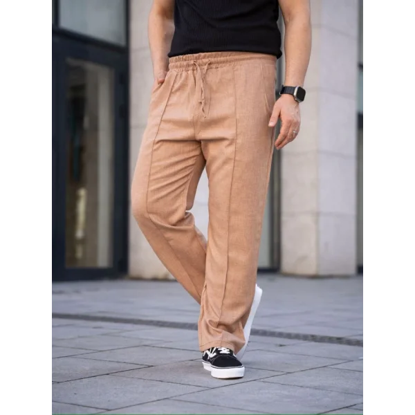Erkek Keten Cepli Çıma Dikişli Jogger Buggy Pantalon Rahat Kalıp - Kahverengi