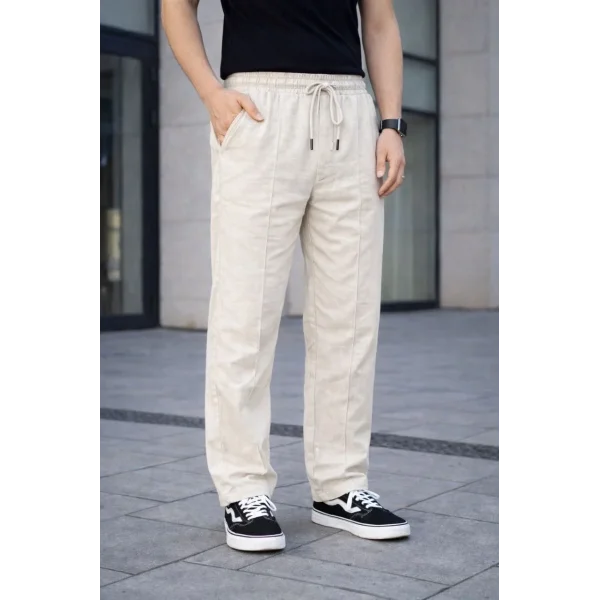 Erkek Keten Cepli Çıma Dikişli jogger Buggy Pantalon Rahat kalıp - Krem
